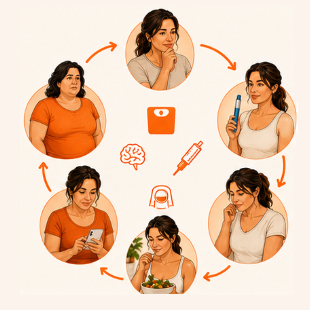Ciclo do Mounjauro: mulher insatisfeita, usa caneta, emagrece, come saudável, usa celular, engorda de novo e volta ao início